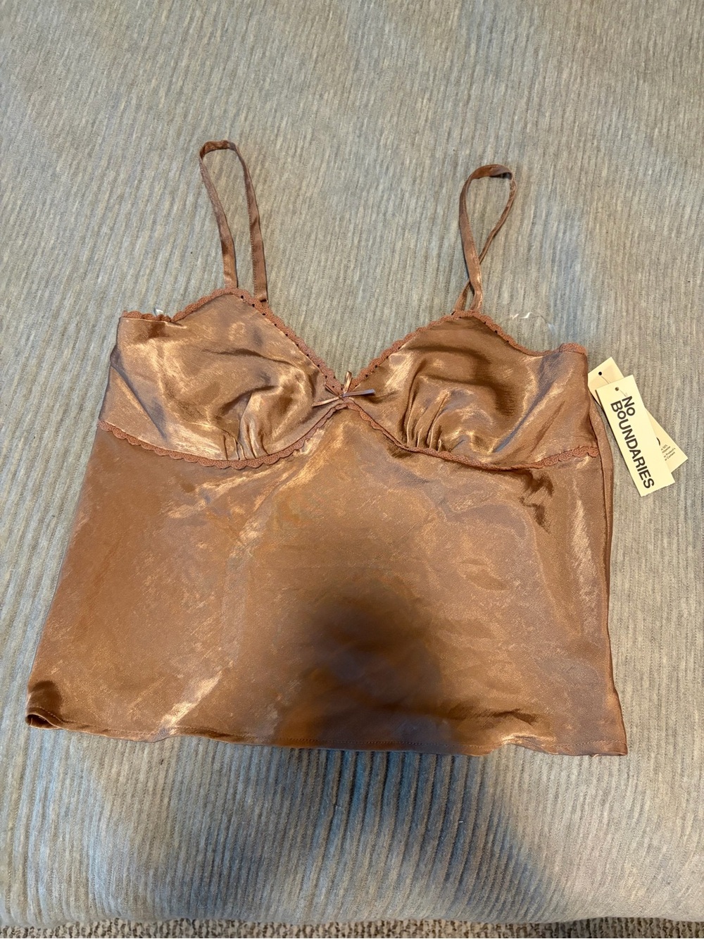 NWT No Boundaries Brown Faux Satin Tricot Trim Cami with Bow, Size Medium